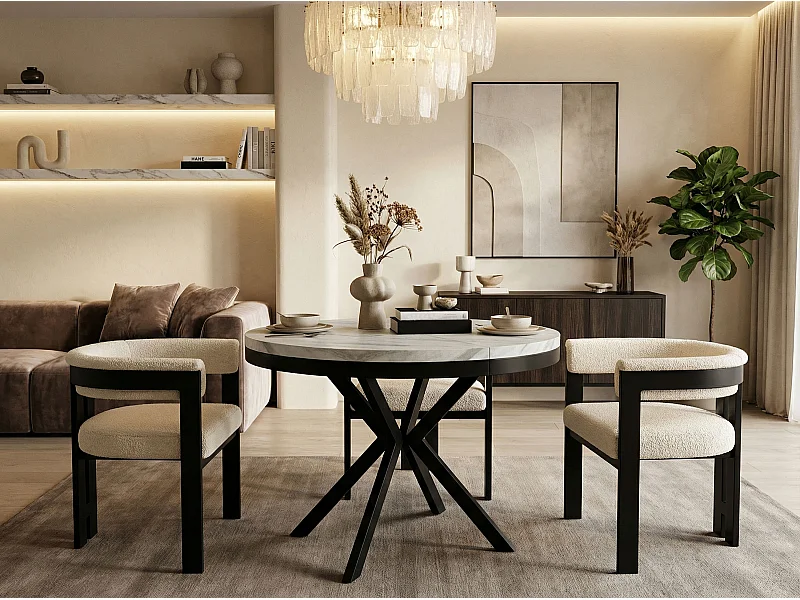 Runder Ausziehbarer Esstisch - Loft Style Tisch mit Metallbeinen - 90 bis 170 cm - Industrieller Tisch für Wohnzimmer - Kompakt - 90 cm - Marmor Weiß