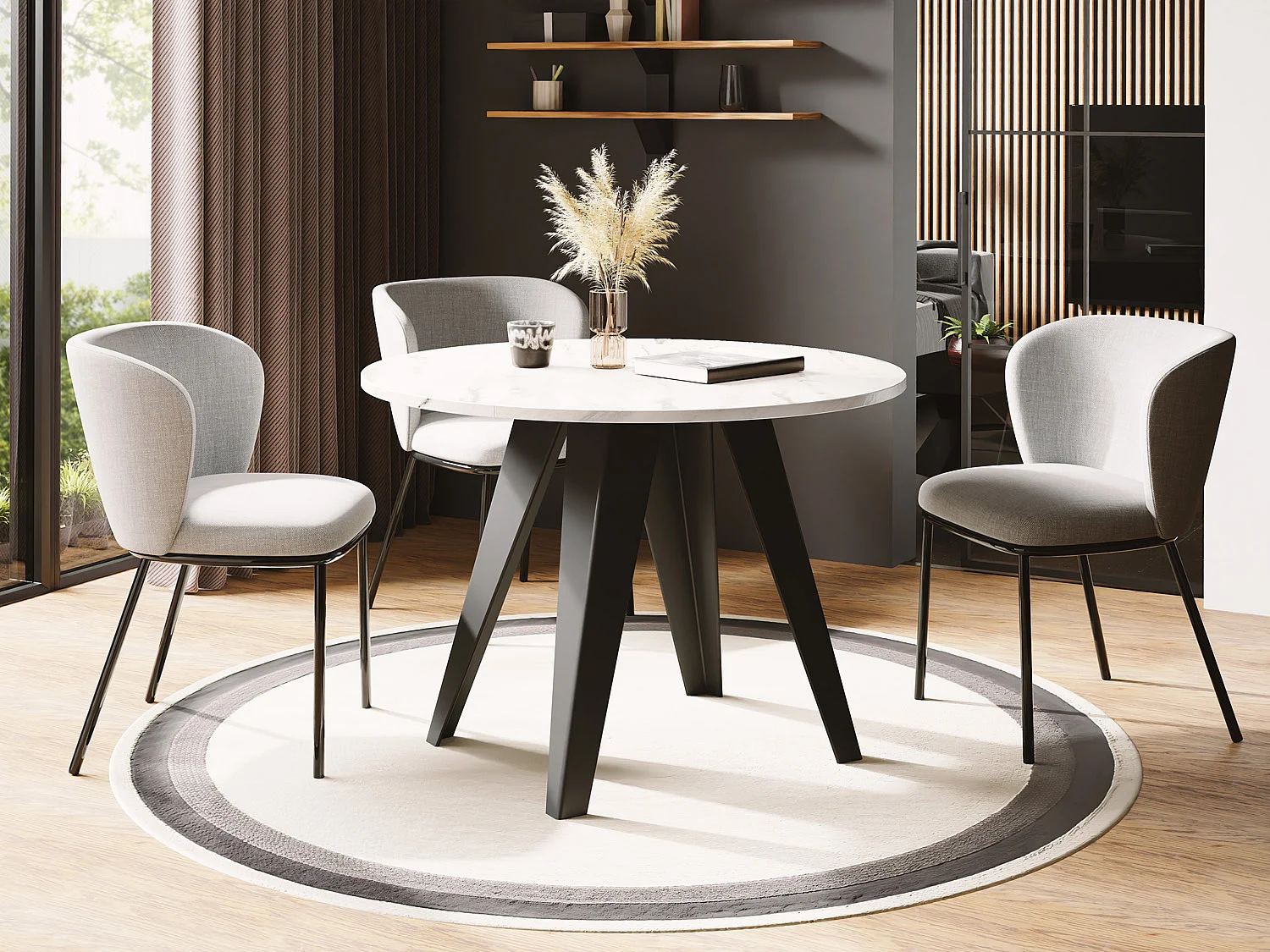 Table de Salle à Manger Ronde de Style Industriel - Moderne - Extensible de 90 cm à 130 cm - Pieds Métalliques Noirs - Marbre blanc