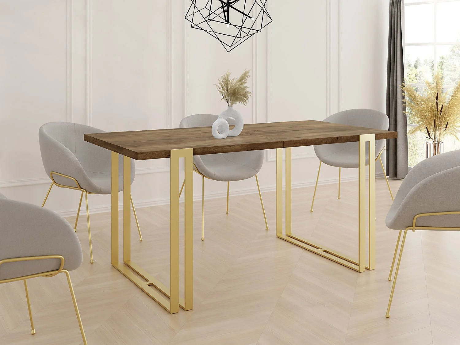 Ausziehbarer Esstisch - Großer Tisch im Loft-Stil mit Golden Metallbeinen 120 bis 220 cm - Industrietisch für das Wohnzimmer - Lefkas Eiche - 120 x 80 cm