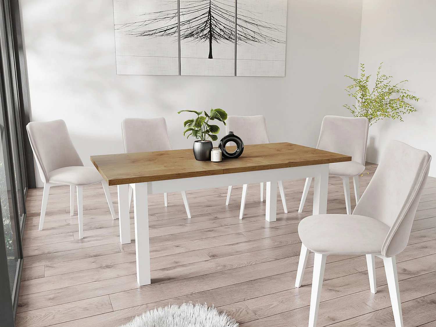 Moderner Rechteckiger Ausziehbarer Esstisch - Platzsparend - Weiße Holzbeine - 160 bis 200 cm - Hergestellt in EU - 160 x 80 cm - Lancelot Eiche