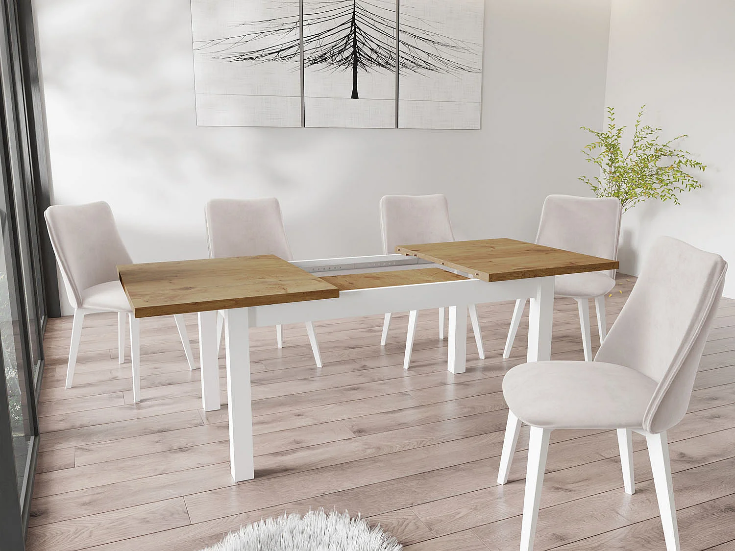 Moderner Rechteckiger Ausziehbarer Esstisch - Platzsparend - Weiße Holzbeine - 160 bis 200 cm - Hergestellt in EU - 160 x 80 cm - Lancelot Eiche