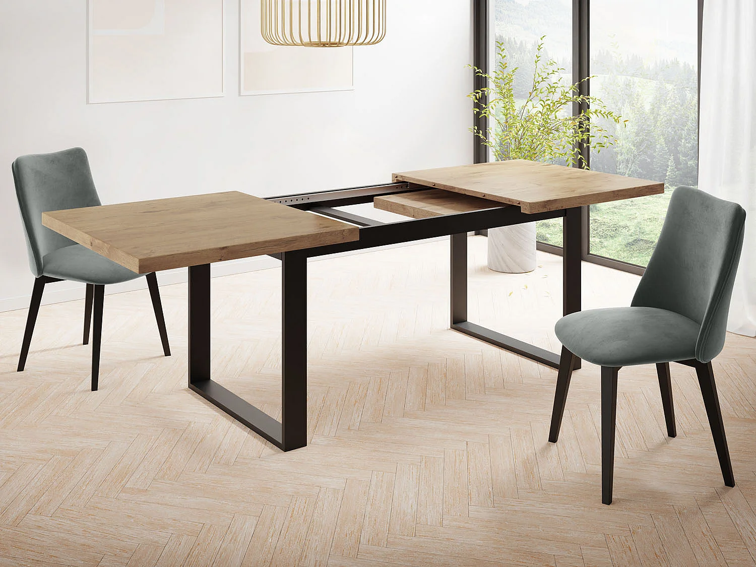 Ausziehbarer Rechteckiger Esstisch im Loft-Stil mit Schwarzen Metallbeinen – Tisch für Wohnzimmer – Ausziehbar von 160 cm auf 200 cm – Made in EU – Lancelot Eiche