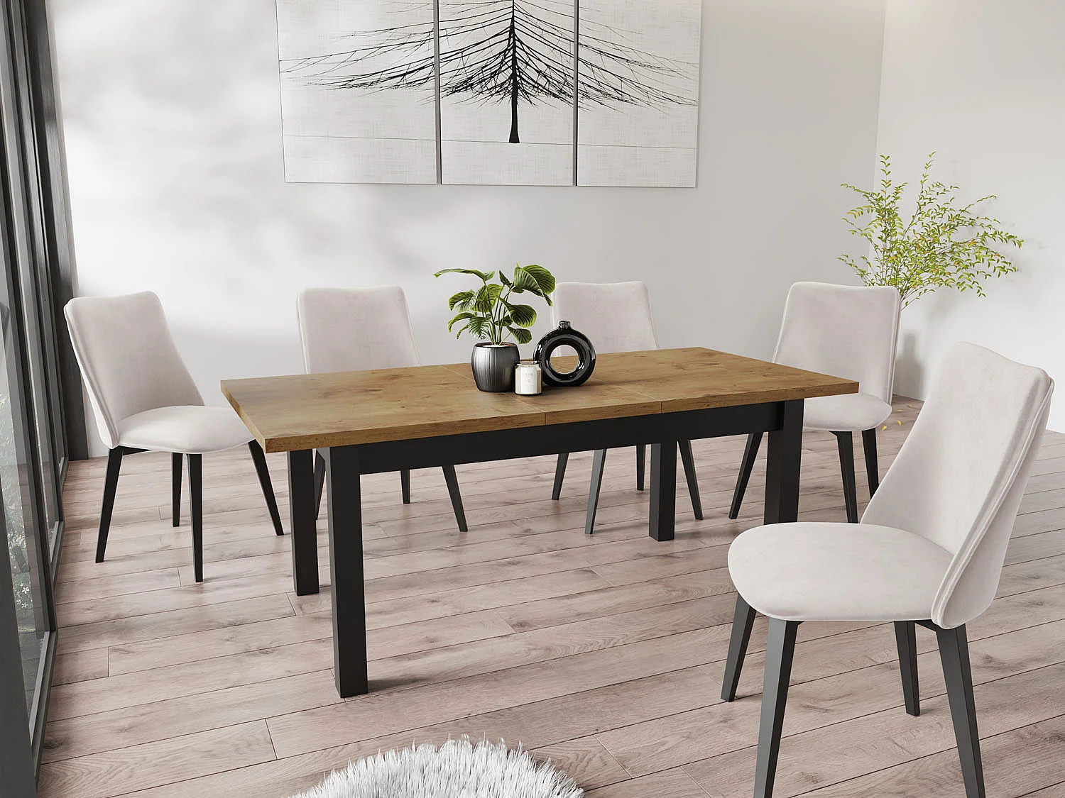 Moderner Rechteckiger Ausziehbarer Esstisch - Platzsparend - Schwarze Holzbeine - 160 bis 240 cm - Hergestellt in EU - 160 x 90 cm - Lancelot Eiche