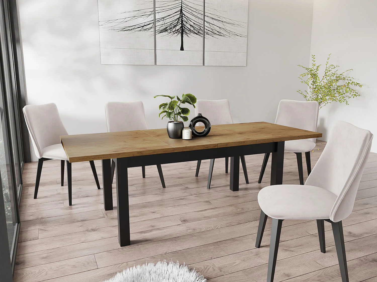 Moderner Rechteckiger Ausziehbarer Esstisch - Platzsparend - Schwarze Holzbeine - 160 bis 240 cm - Hergestellt in EU - 160 x 90 cm - Lancelot Eiche