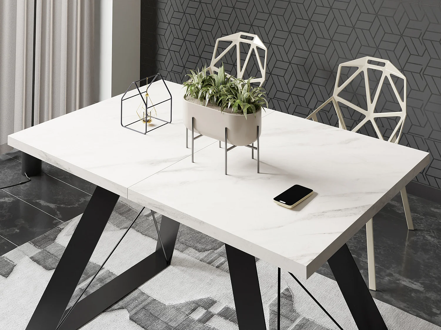 Table à Manger Extensible en Style Industriel - Pieds en Métal Robustes et Plusieurs Options de Plateau - Design Moderne pour Salle à Manger - 140 cm - Marbre Blanc