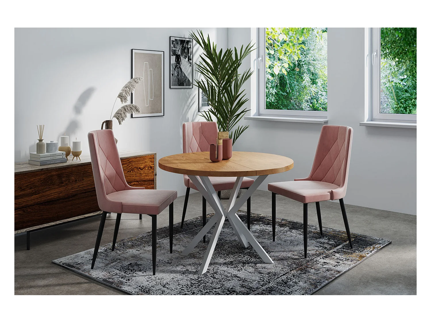 Table à Manger Extensible Ronde - Table Style Loft Avec Blanc Pieds en Métal - 100 à 180 cm - Table Ronde Style Industriel Pour le Salon - Chêne Lancelot - 100 cm
