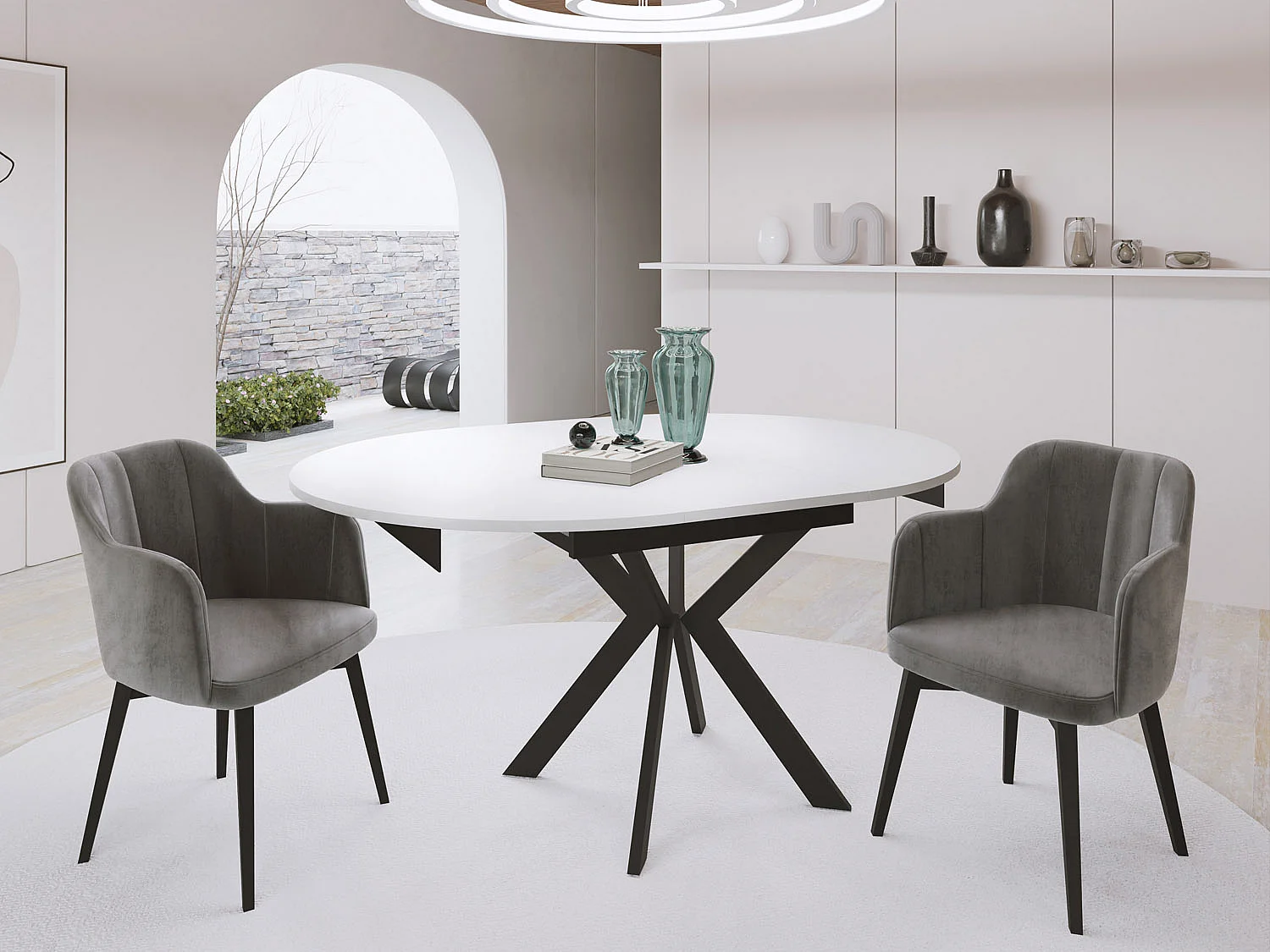 Runder Ausziehbarer Esstisch mit Schwarzen Metallbeinen - Aufbewahrung der Erweiterungsplatte im Inneren - Industrieller Tisch für Wohnzimmer - 100 cm - Weiß