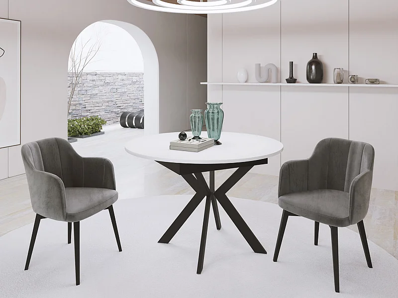 Table à Manger Extensible Ronde Avec Pieds en Métal Noir - Rangement Des Extensions à L'Intérieur - Table Ronde Style Industriel Pour Salon Séjour - 100 cm - Blanc
