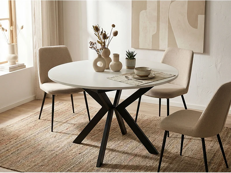Table à Manger Extensible Ronde Avec Pieds en Métal Noir - Rangement Des Extensions à L'Intérieur - Table Ronde Style Industriel Pour Salon Séjour - 100 cm - Blanc