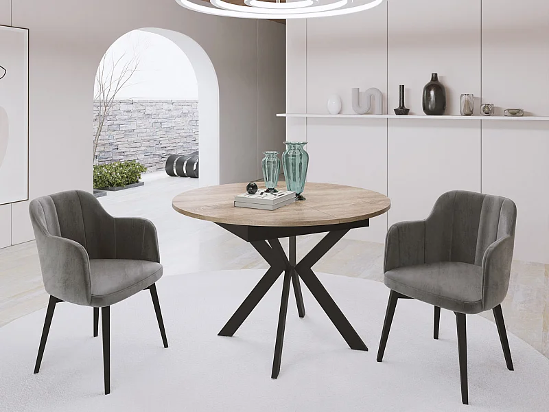 Table à Manger Extensible Ronde Avec Pieds en Métal Noir - Rangement Des Extensions à L'Intérieur - Table Style Industriel Pour Salon Séjour - 100 cm - Chêne Sonoma