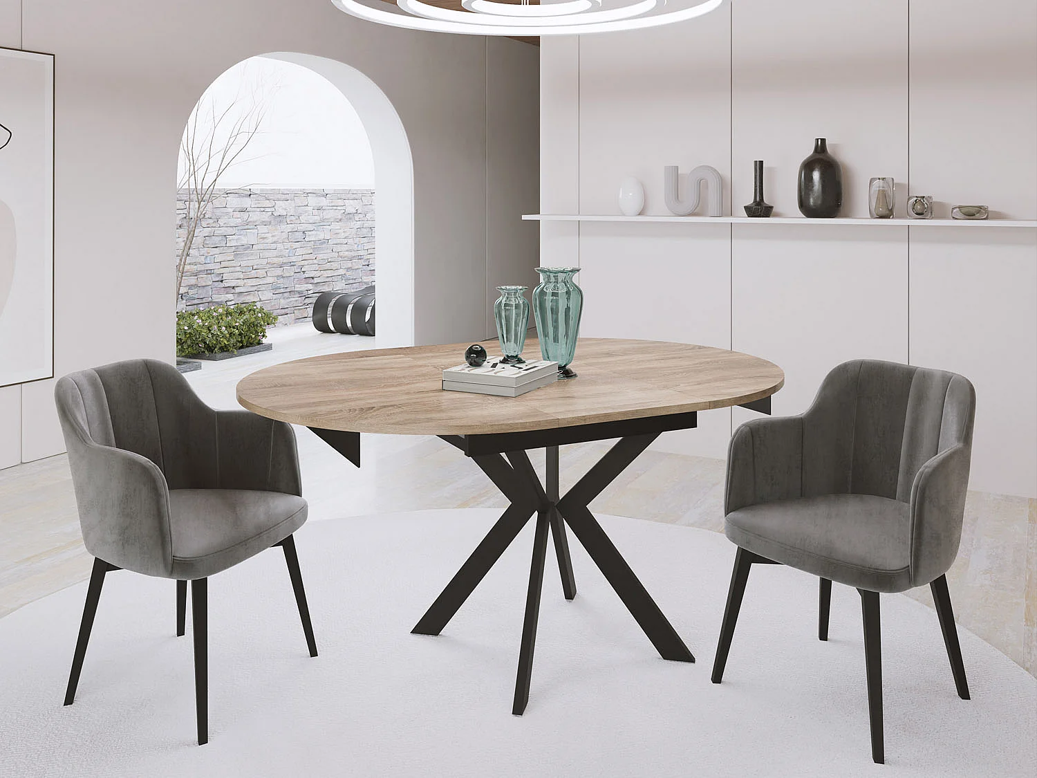 Runder Ausziehbarer Esstisch mit Schwarzen Metallbeinen - Aufbewahrung der Erweiterungsplatte im Inneren - Industrieller Tisch für Wohnzimmer 100 cm - Sonoma Eiche