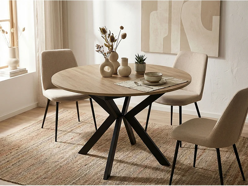 Table à Manger Extensible Ronde Avec Pieds en Métal Noir - Rangement Des Extensions à L'Intérieur - Table Style Industriel Pour Salon Séjour - 100 cm - Chêne Sonoma
