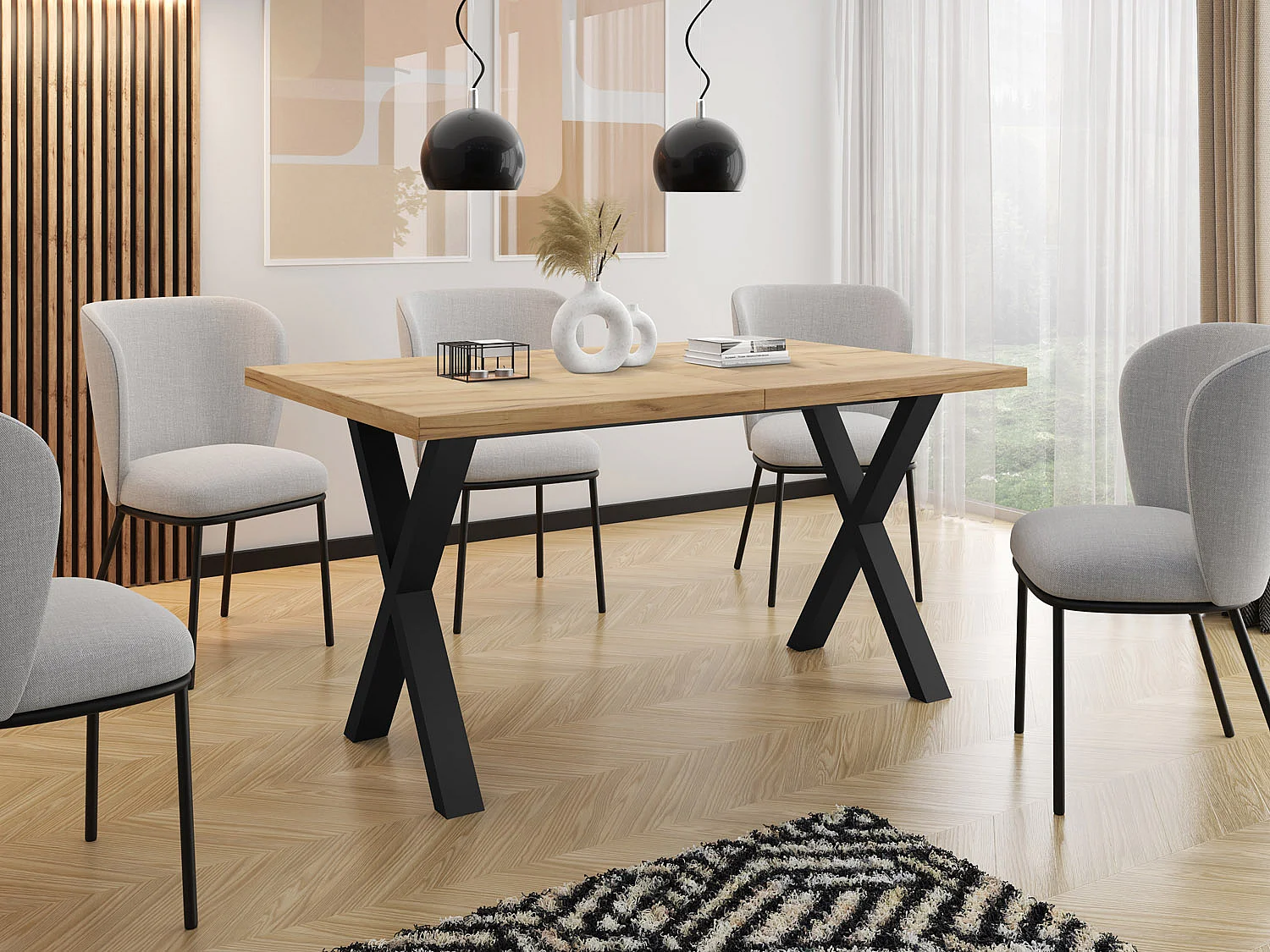 Table de Salle à Manger Rectangulaire Extensible - Grande Table de Style Moderne avec Pieds Métalliques Noirs - 140 à 240 cm - Compacte - Chêne Craft