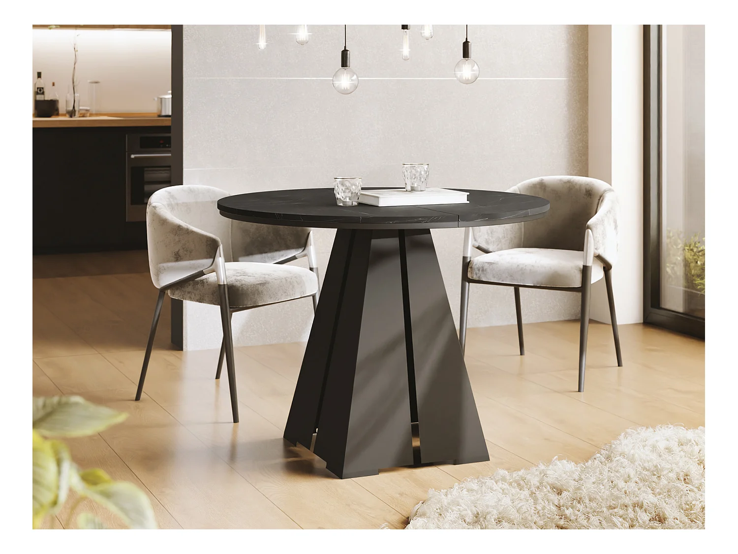 Table à Manger Ronde Extensible avec Piètement Métallique Noir - Table Industrielle Moderne - 120 cm à 200 cm - Fabriqué en UE - Marbre Noir