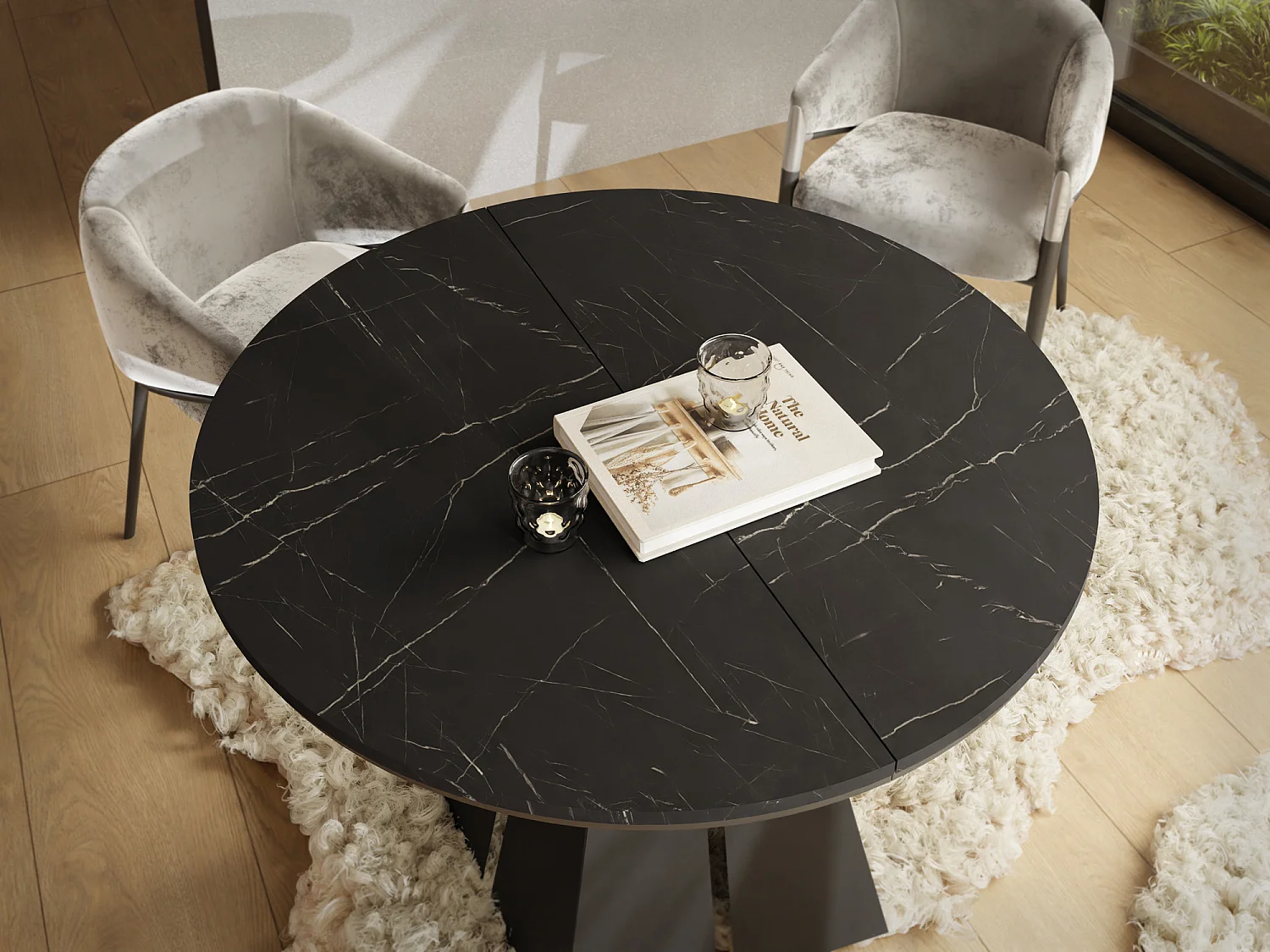 Table à Manger Ronde Extensible avec Piètement Métallique Noir - Table Industrielle Moderne - 120 cm à 200 cm - Fabriqué en UE - Marbre Noir