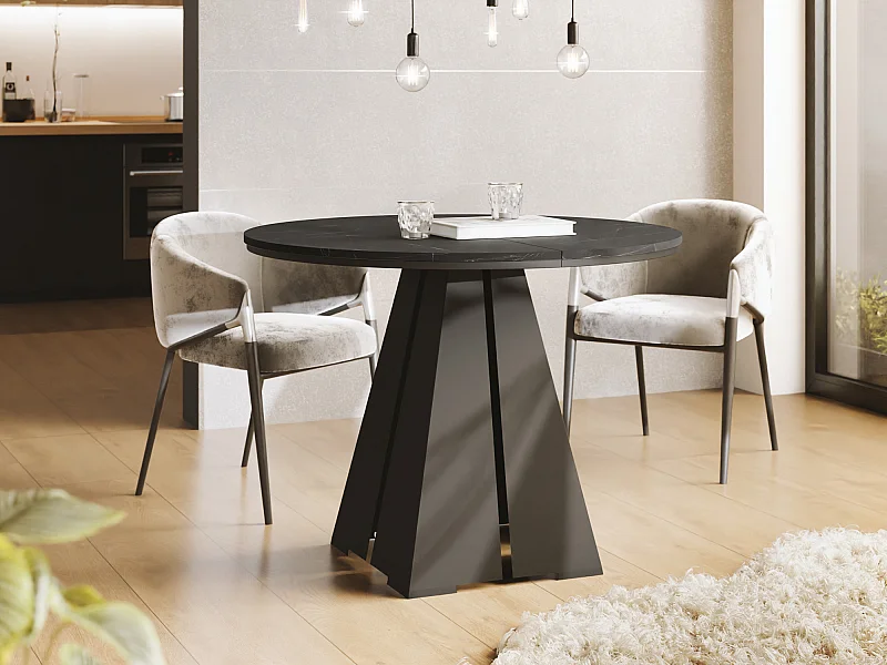 Runder Ausziehbarer Esstisch mit Schwarzem Metallgestell - Moderner Industrieller Tisch für Esszimmer oder Küche - 120 cm bis 200 cm - Made in EU - Marmor Schwarz