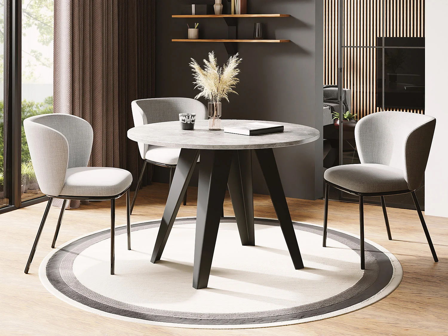 Table de Salle à Manger Ronde de Style Industriel - Moderne - Extensible de 90 cm à 130 cm - Pieds Métalliques Noirs - Gris Béton