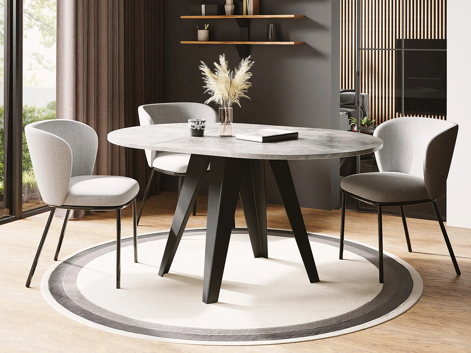 Table de Salle à Manger Ronde de Style Industriel - Moderne - Extensible de 90 cm à 130 cm - Pieds Métalliques Noirs - Gris Béton