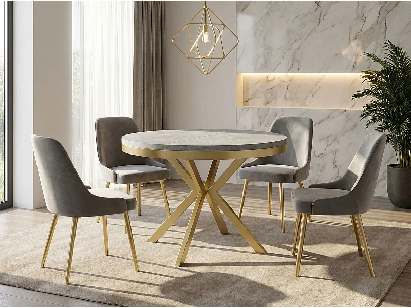 Runder Ausziehbarer Esstisch - Loft Style Tisch mit Goldenen Metallbeinen - 120 bis 200 cm - Industrieller Tisch für Wohnzimmer - Kompakt - 120 cm - Beton Grau