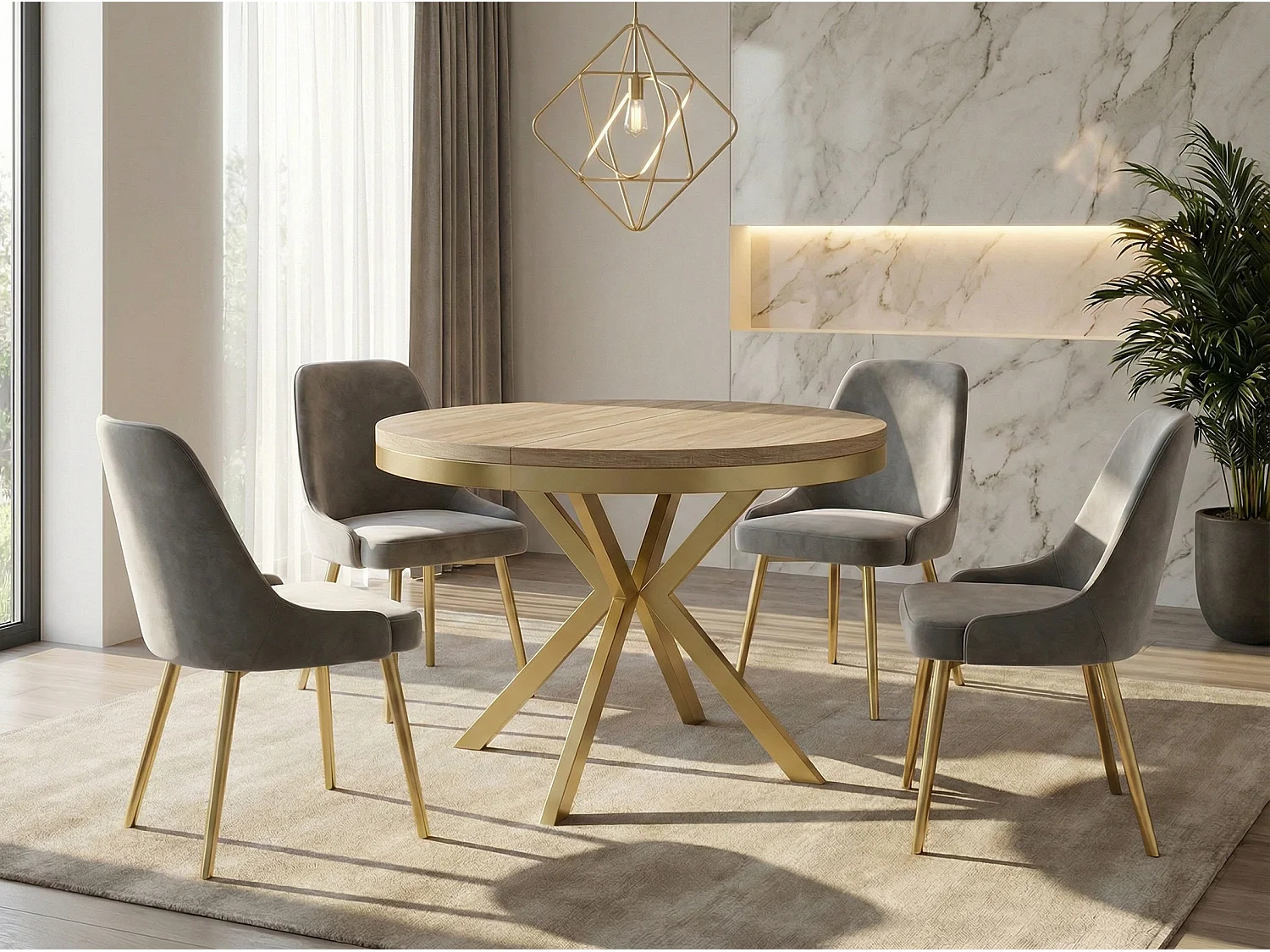 Runder Ausziehbarer Esstisch - Loft Style Tisch mit Goldenen Metallbeinen - 90 bis 170 cm - Industrieller Tisch für Wohnzimmer - Kompakt - 90 cm - Sonoma Eiche