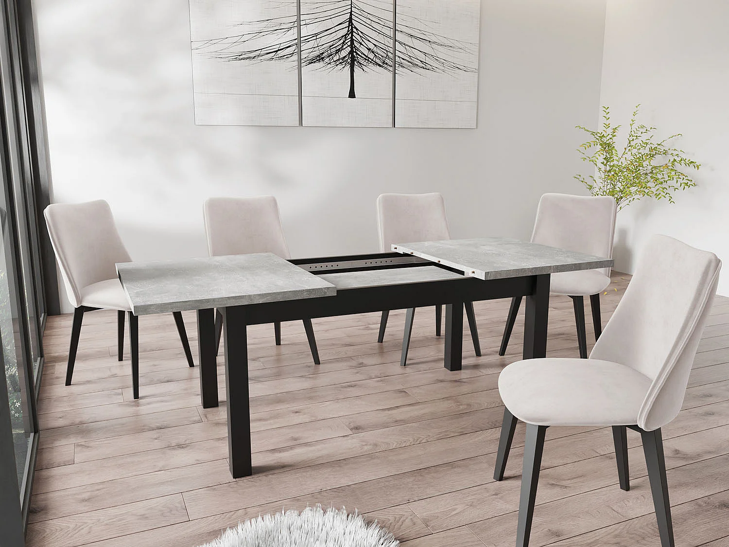 Moderner Rechteckiger Ausziehbarer Esstisch - Platzsparend - Schwarze Holzbeine - 160 bis 200 cm - Hergestellt in EU - 160 x 80 cm - Grau Beton