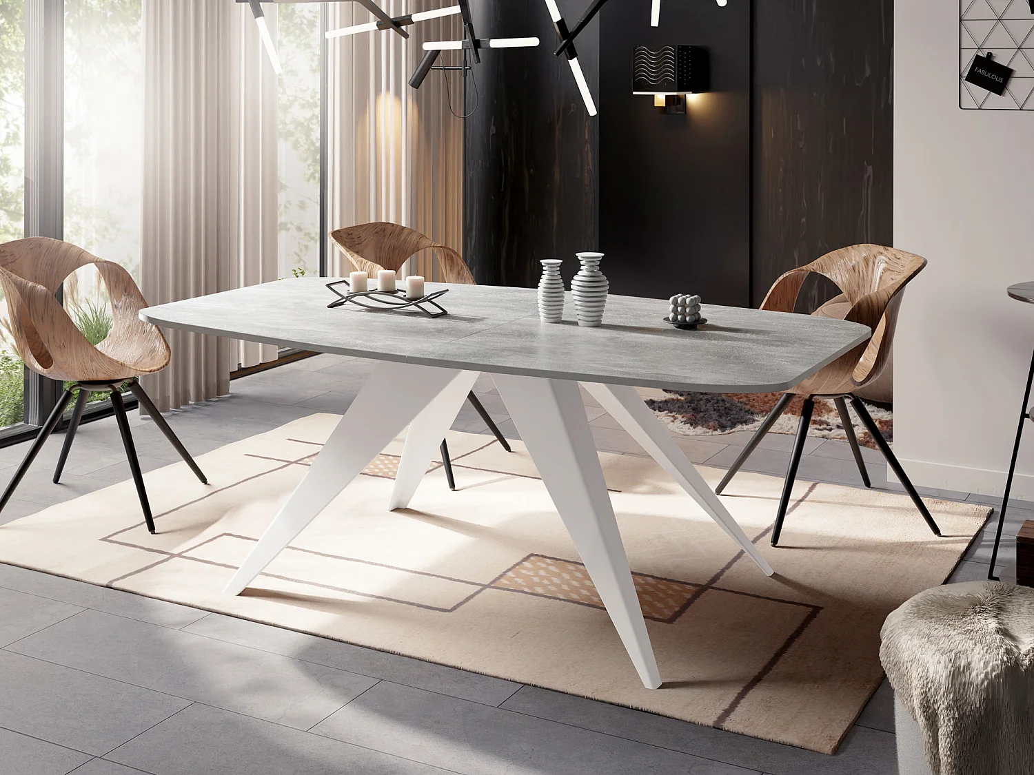 Table à Manger Extensible Style Loft - Table Industrielle avec Pieds Métalliques Blancs - Design Moderne pour Salon - 180 cm extensible à 220 cm - Béton Gris