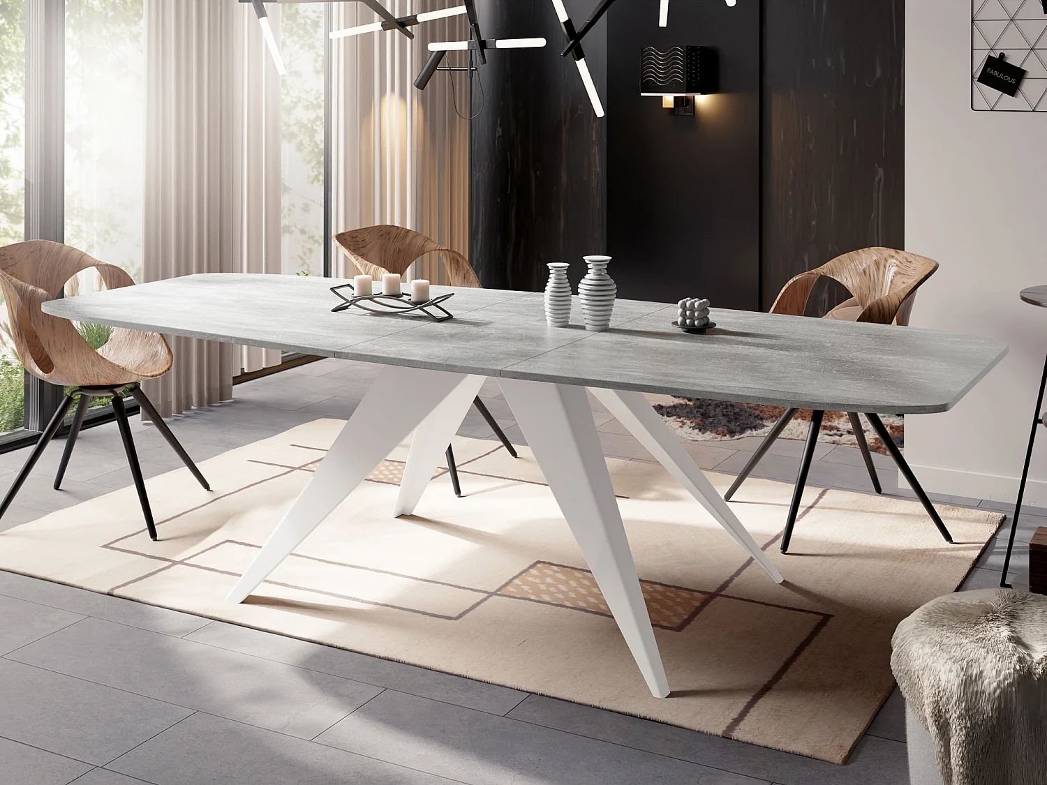 Table à Manger Extensible Style Loft - Table Industrielle avec Pieds Métalliques Blancs - Design Moderne pour Salon - 180 cm extensible à 220 cm - Béton Gris