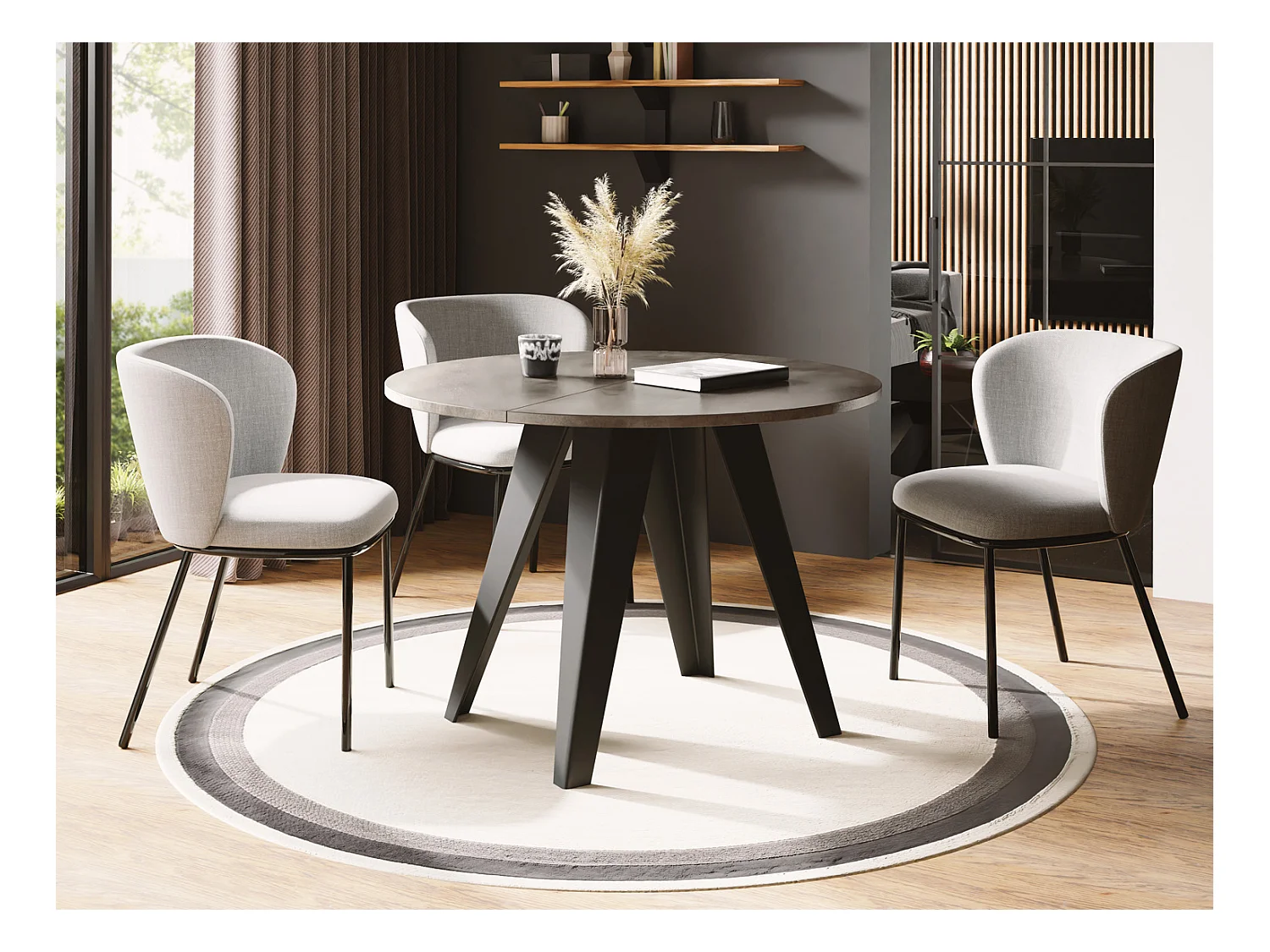 Esstisch Glory im Industriestil - Modern, Rund - Ausziehbar von 90 cm bis 130 cm, mit Pulverbeschichteten Metallbeinen, Tisch für Kleine Küche - Chicago Beton Grau