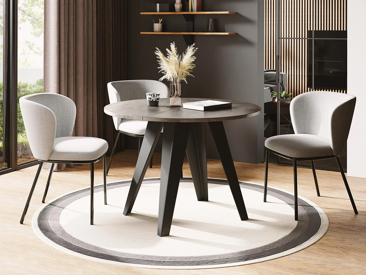 Esstisch Glory im Industriestil - Modern, Rund - Ausziehbar von 90 cm bis 130 cm, mit Pulverbeschichteten Metallbeinen, Tisch für Kleine Küche - Chicago Beton Grau