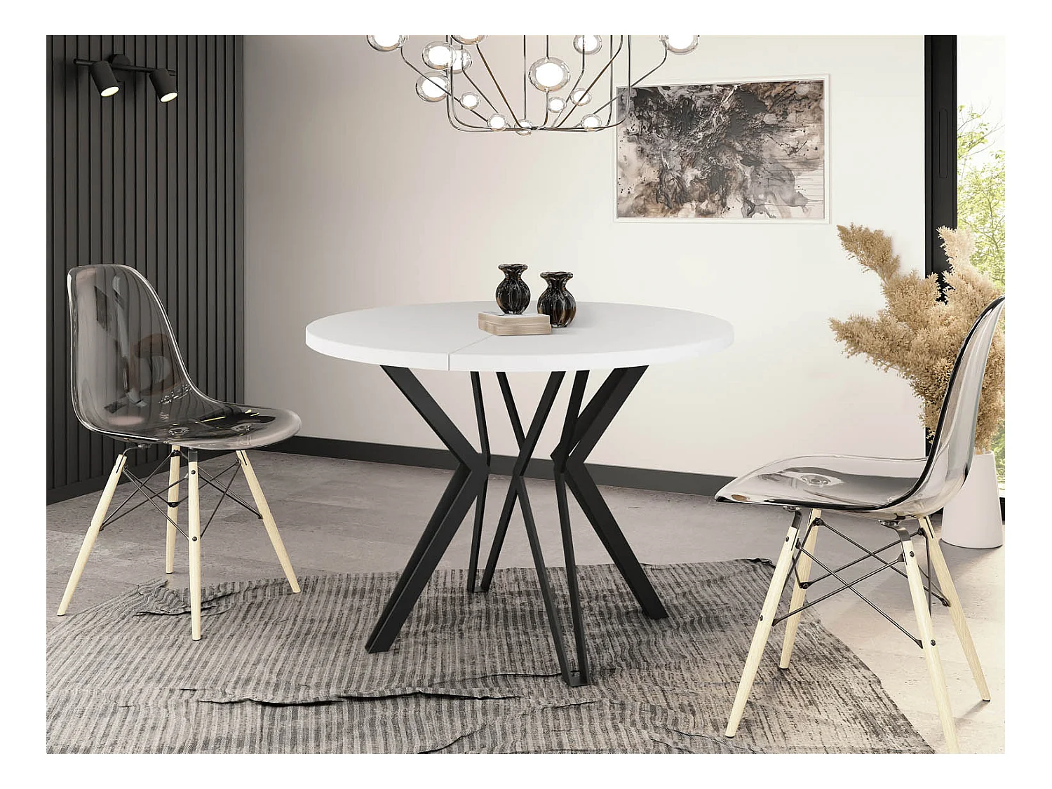 Table Ronde Salle à Manger - 120/196 cm de Diamètre - Table à Rallonges Avec Pieds en Métal Noir - Style Industriel - Compacte - Blanc