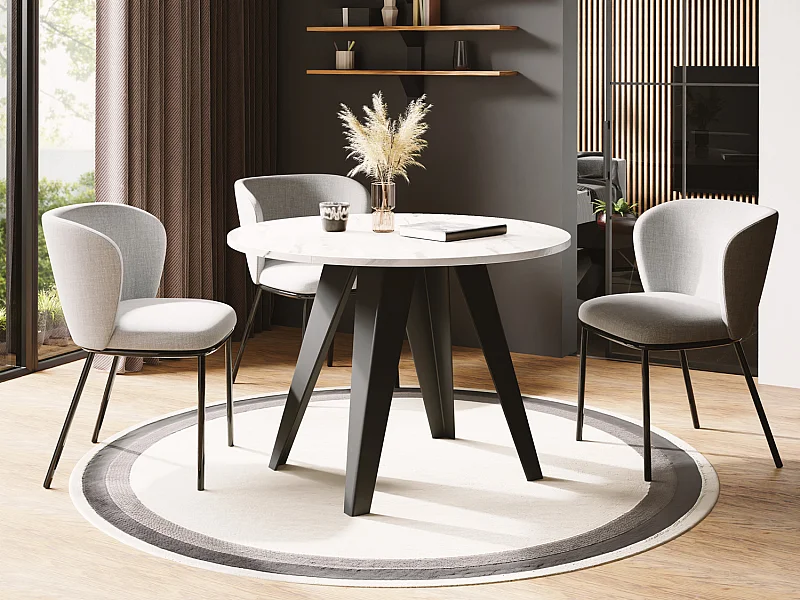 Table de Salle à Manger Ronde de Style Industriel - Moderne - Extensible de 100 cm à 140 cm - Pieds Métalliques Noirs - Marbre blanc