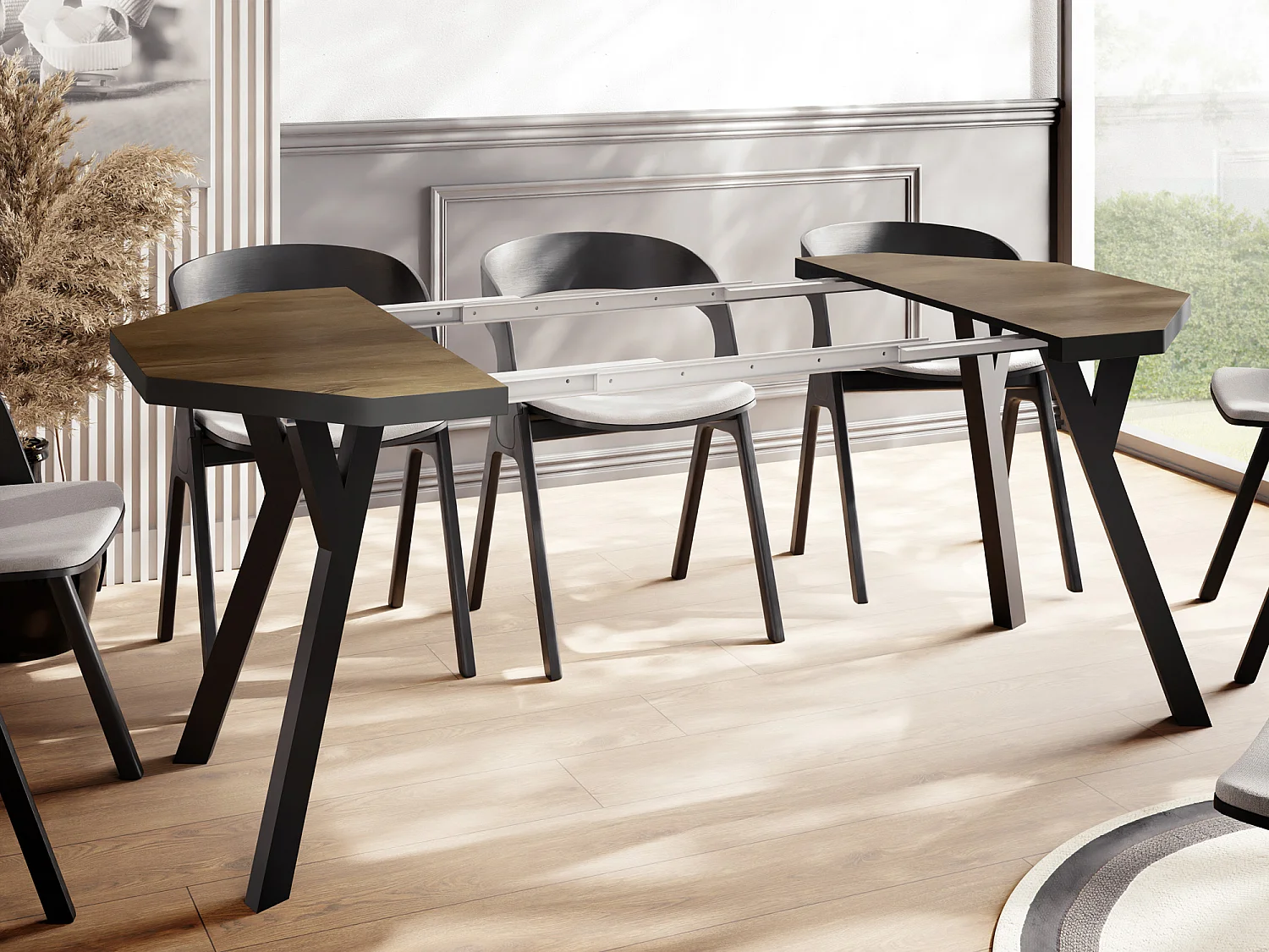 Moderner Runder Ausziehbarer Esstisch Desmond mit Schwarz Holzbeinen – Erweiterbar bis 200 cm, Ideal für 4 bis 8 Personen - Loft-Stil Tisch für Küche - Lefkas Eiche