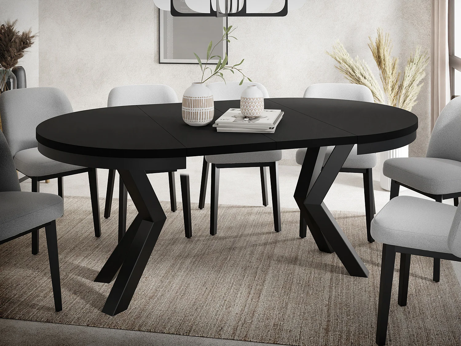 Runder Ausziehbarer Esstisch im Loft-Stil - Industrieller Tisch mit Schwarzen Metallbeinen - Platzsparender Tisch für Wohnzimmer - Schwarz - 120 bis 200 cm