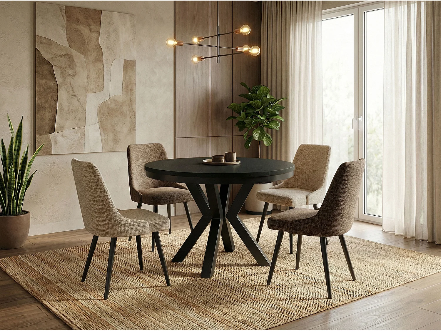 Runder Ausziehbarer Esstisch im Loft-Stil - Industrieller Tisch mit Schwarzen Metallbeinen - Platzsparender Tisch für Wohnzimmer - Schwarz - 120 bis 200 cm