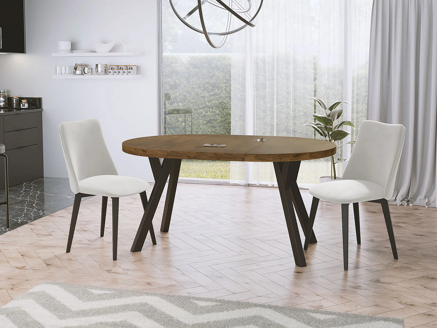 Designer Runder Ausziehbarer Esstisch - Loft-Stil, Platzsparend - Schwarze Beine - 100 bis 200 cm - für 5-10 Personen - Hergestellt in EU - Lefkas Eiche - 200 cm