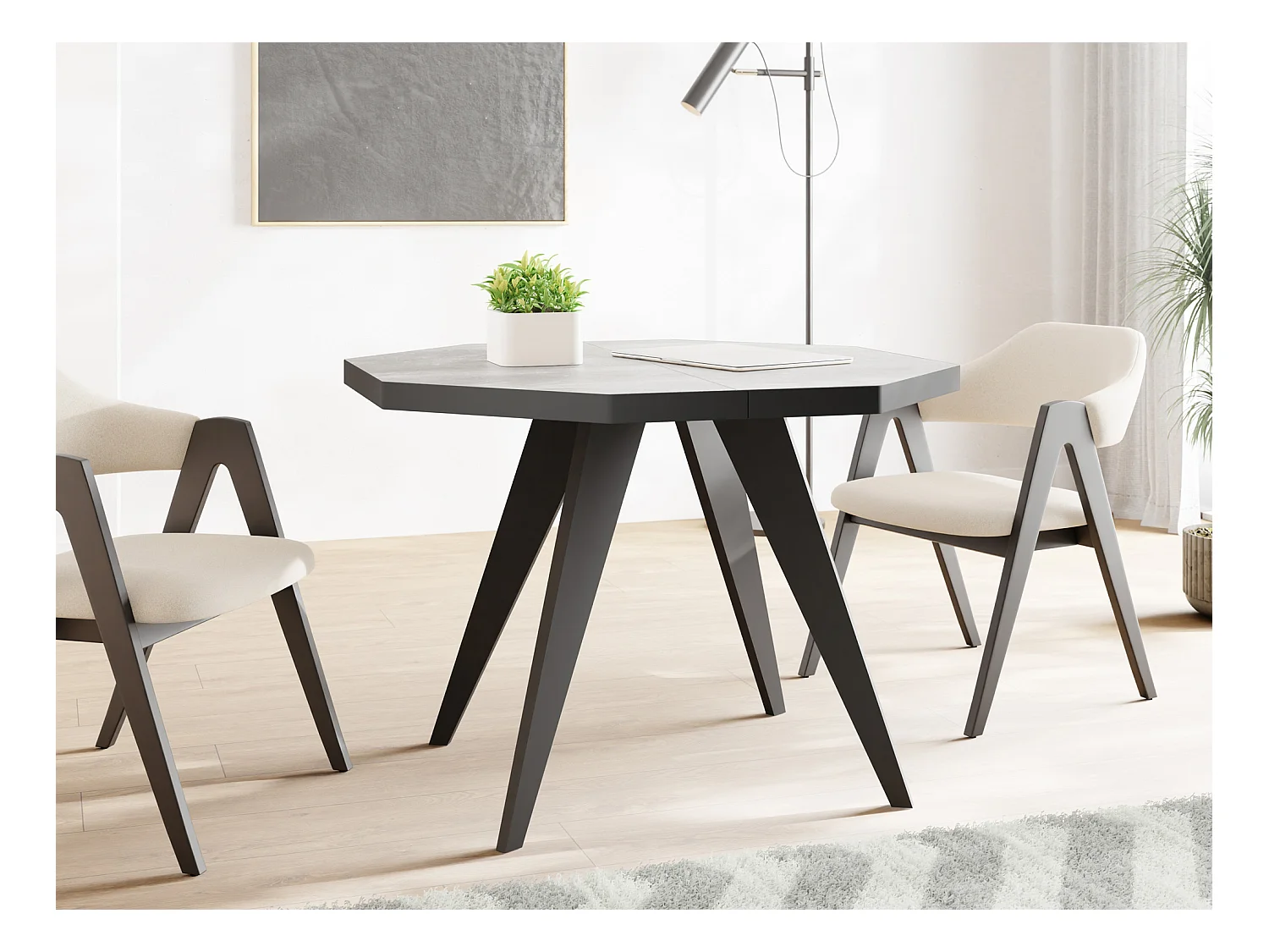 Moderner Runder Ausziehbarer Esstisch Diamond mit Schwarz Holzbeinen – Erweiterbar bis 200 cm, ideal für 4 bis 8 Personen - Loft-Stil Tisch für Küche - Beton Grau