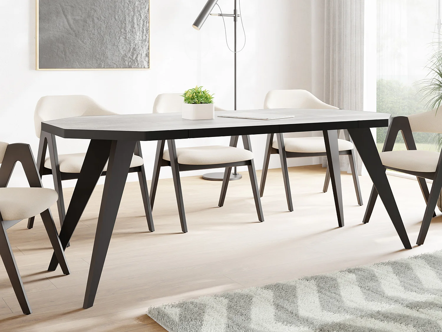 Moderner Runder Ausziehbarer Esstisch Diamond mit Schwarz Holzbeinen – Erweiterbar bis 200 cm, ideal für 4 bis 8 Personen - Loft-Stil Tisch für Küche - Beton Grau