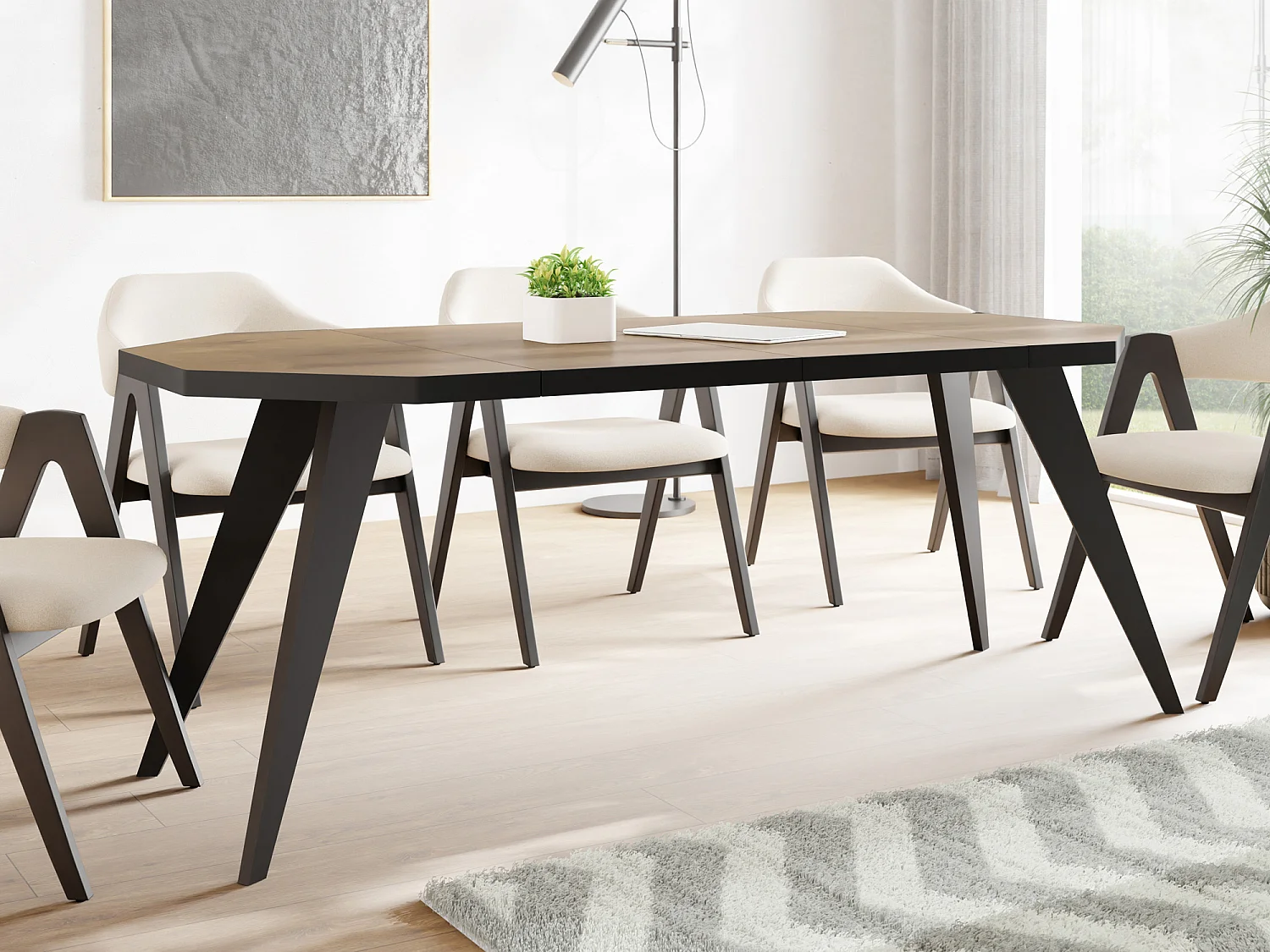 Table à Manger Extensible Moderne avec Pieds Noirs - Plateau en Panneau Stratifié, Style Loft - Chêne Lefkas - 100/150