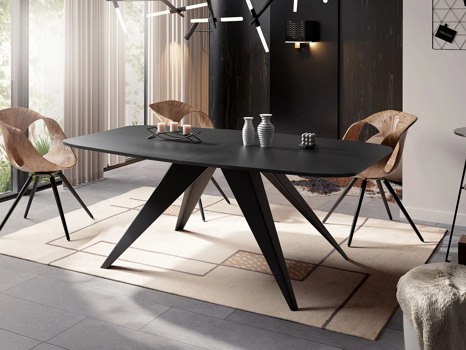 Table à Manger Extensible Style Loft - Table Industrielle avec Pieds Métalliques Noirs - Design Moderne pour Salon - 180 cm extensible à 220 cm - Noir