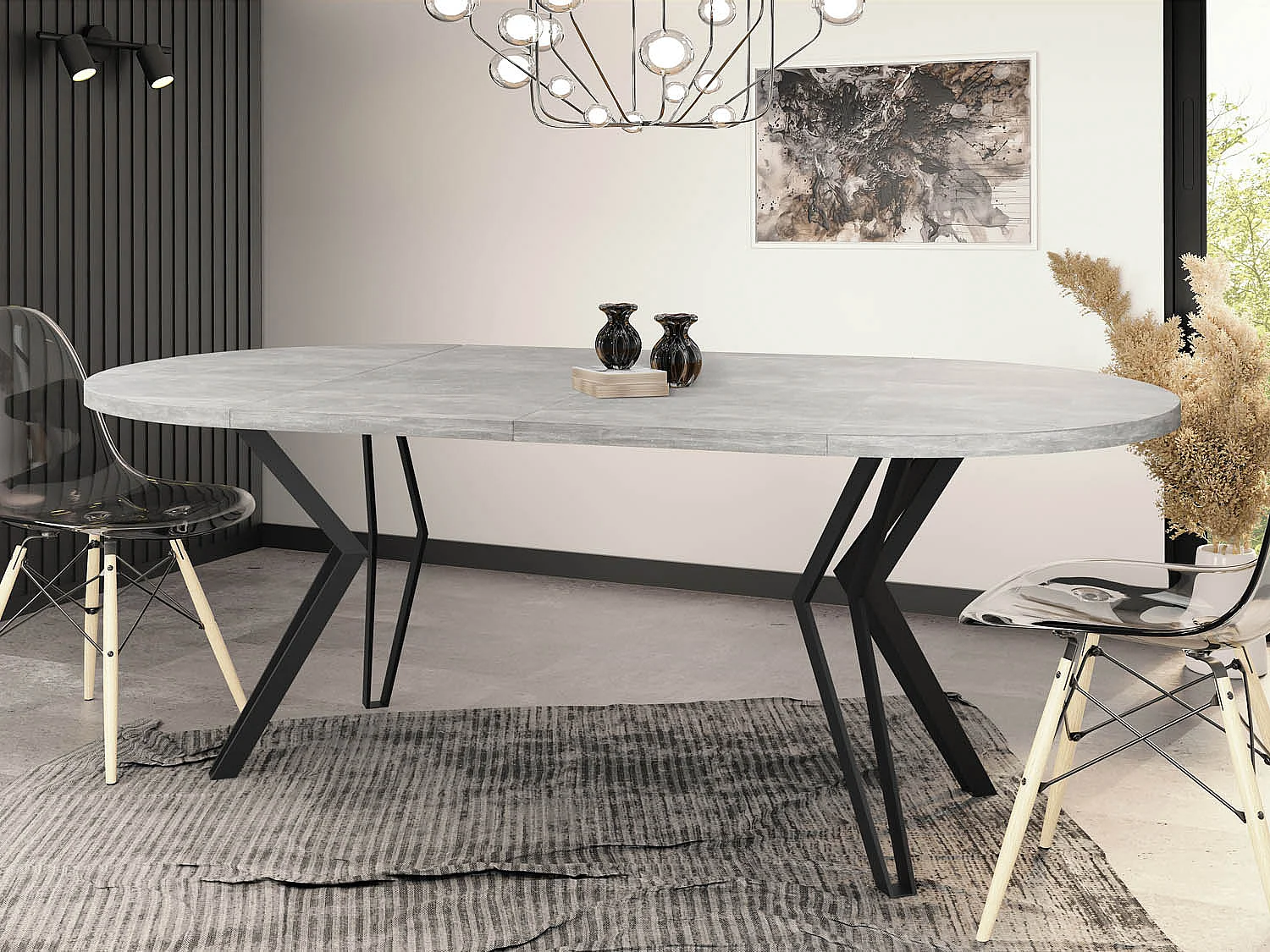 Runder Tisch für das Esszimmer - 100 oder 120 cm Durchmesser - Ausziehbarer Tisch mit Pulverbeschichteten Schwarzen Metallbeinen - 120 cm - Beton Grau