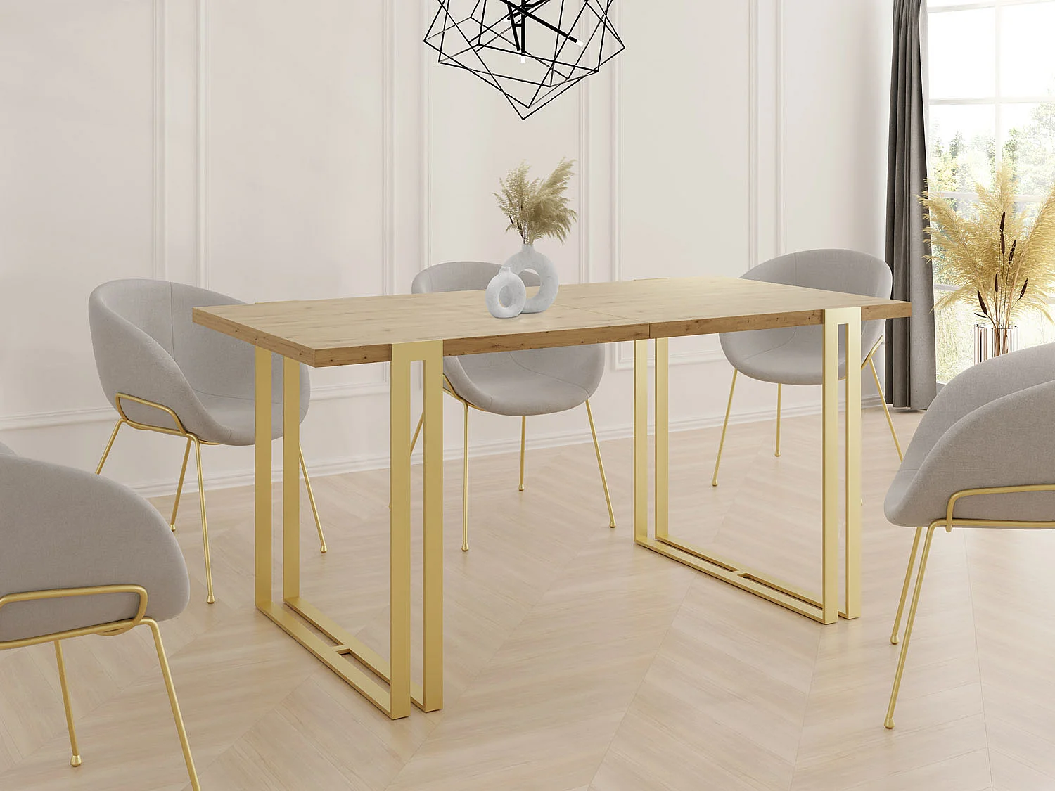 Ausziehbarer Esstisch - Großer Tisch im Loft-Stil mit Golden Metallbeinen 160 bis 260 cm - Industrietisch für das Wohnzimmer - Artisan Eiche - 160 x 90 cm