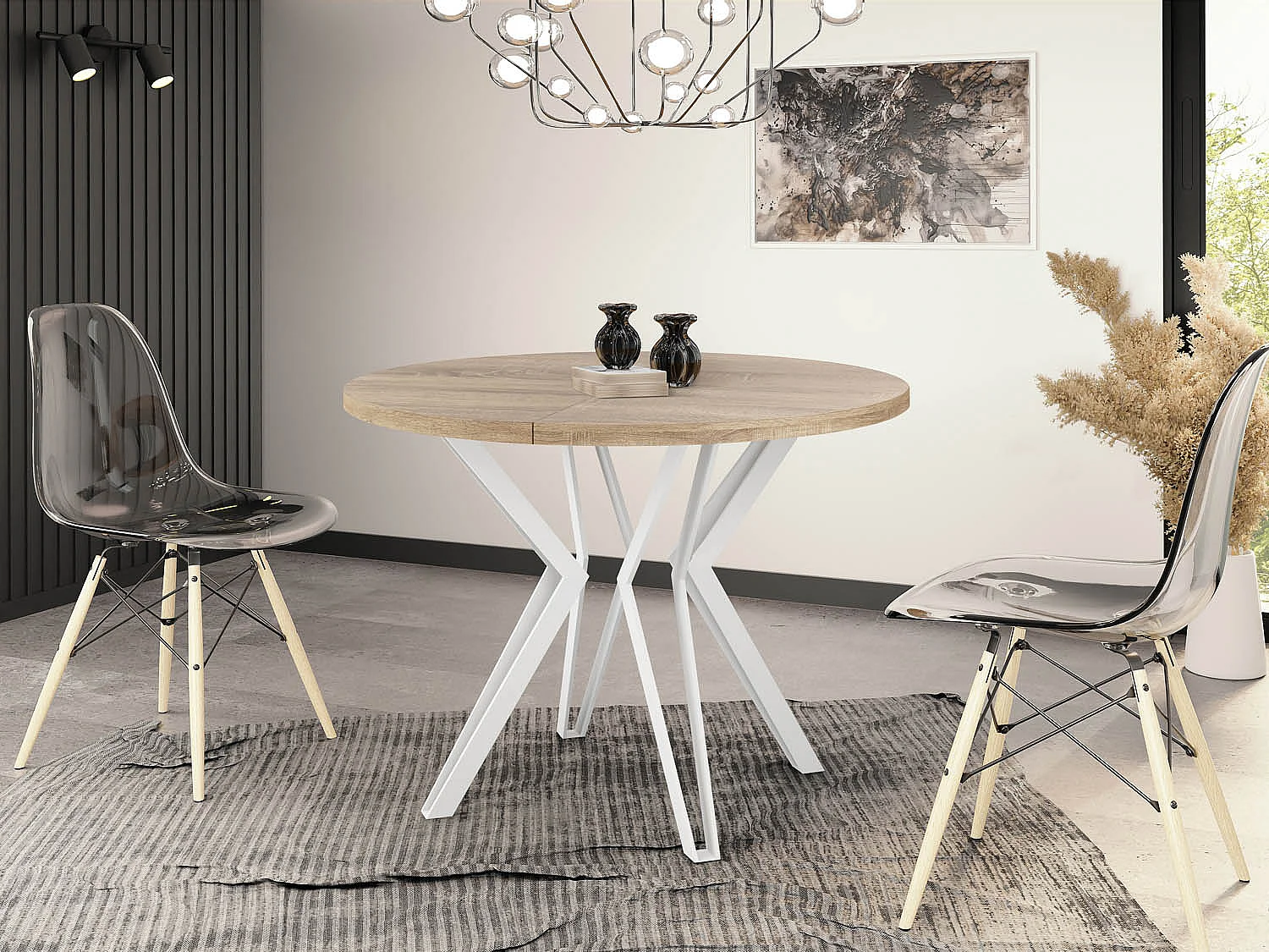 Runder Tisch für das Esszimmer - 100 oder 120 cm Durchmesser - Ausziehbarer Tisch mit Pulverbeschichteten Weißen Metallbeinen - 100 cm - Sonoma Eiche