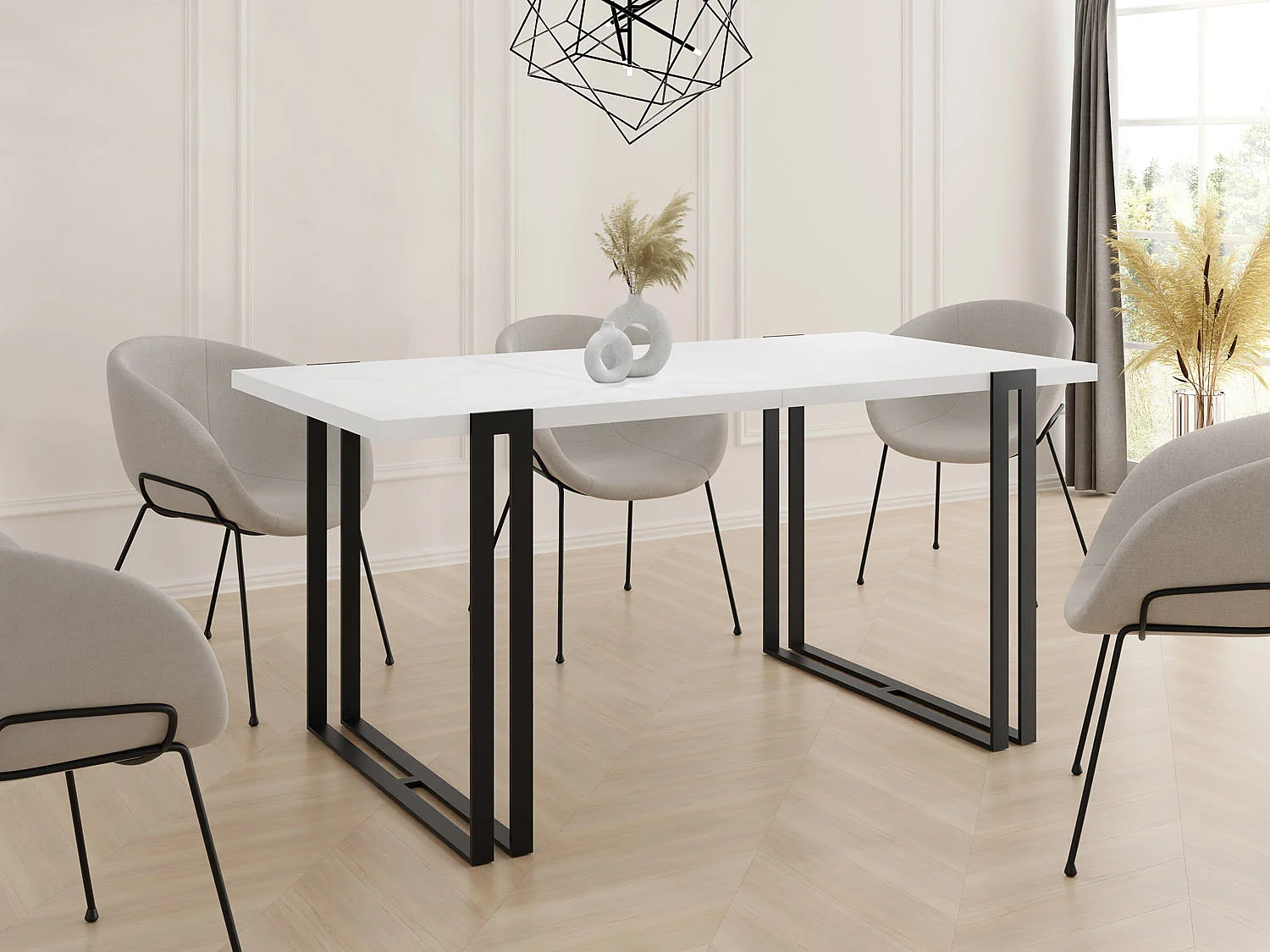 Table à Manger Extensible - Table Style Loft en Métal - Table Style Industriel Pour le Salon - Gain de Place - 160 / 260 cm - Blanc - 160 x 80 cm