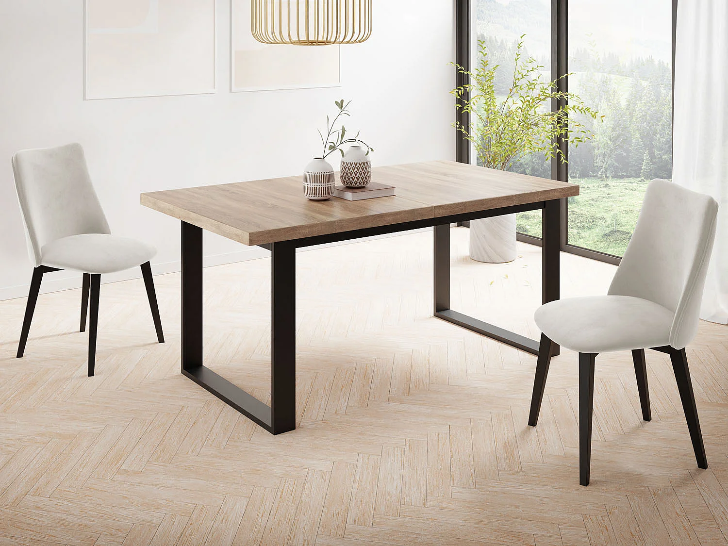 Ausziehbarer Rechteckiger Esstisch im Loft-Stil mit Schwarzen Metallbeinen – Tisch für Wohnzimmer – Ausziehbar von 160 cm auf 240 cm – Made in EU – Sonoma Eiche