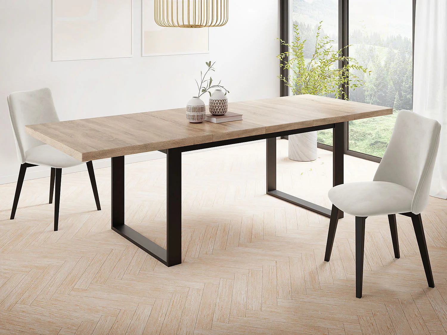 Ausziehbarer Rechteckiger Esstisch im Loft-Stil mit Schwarzen Metallbeinen – Tisch für Wohnzimmer – Ausziehbar von 160 cm auf 240 cm – Made in EU – Sonoma Eiche