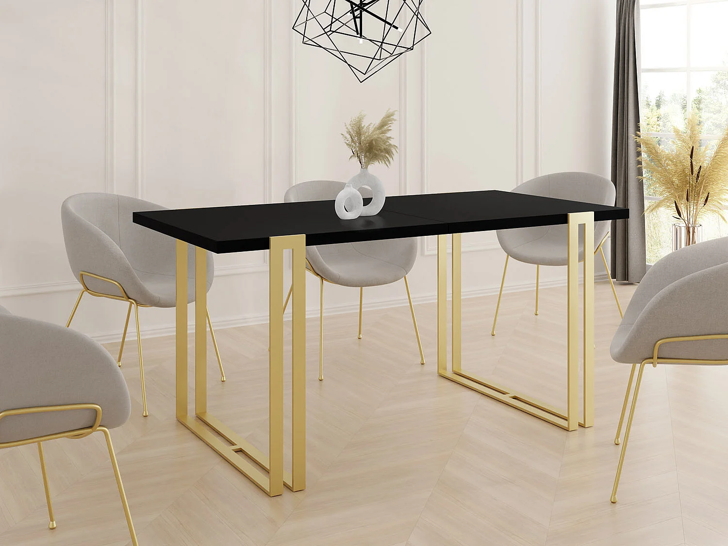 Ausziehbarer Esstisch - Großer Tisch im Loft-Stil mit Golden Metallbeinen 160 bis 260 cm - Industrietisch für das Wohnzimmer - Schwarz - 160 x 90 cm