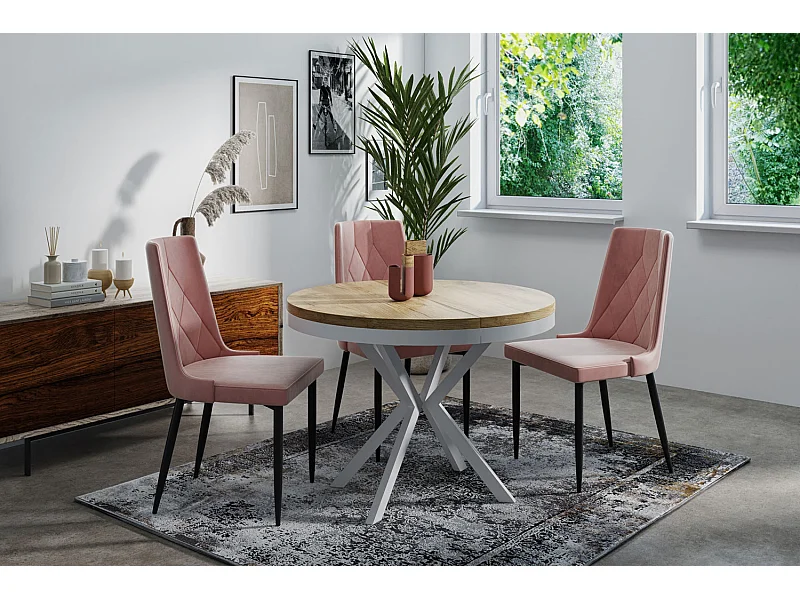 Runder Ausziehbarer Esstisch - Loft Style Tisch mit Weißen Metallbeinen - 100 bis 180 cm - Industrieller Tisch für Wohnzimmer - Kompakt - 100 cm - Craft Eiche