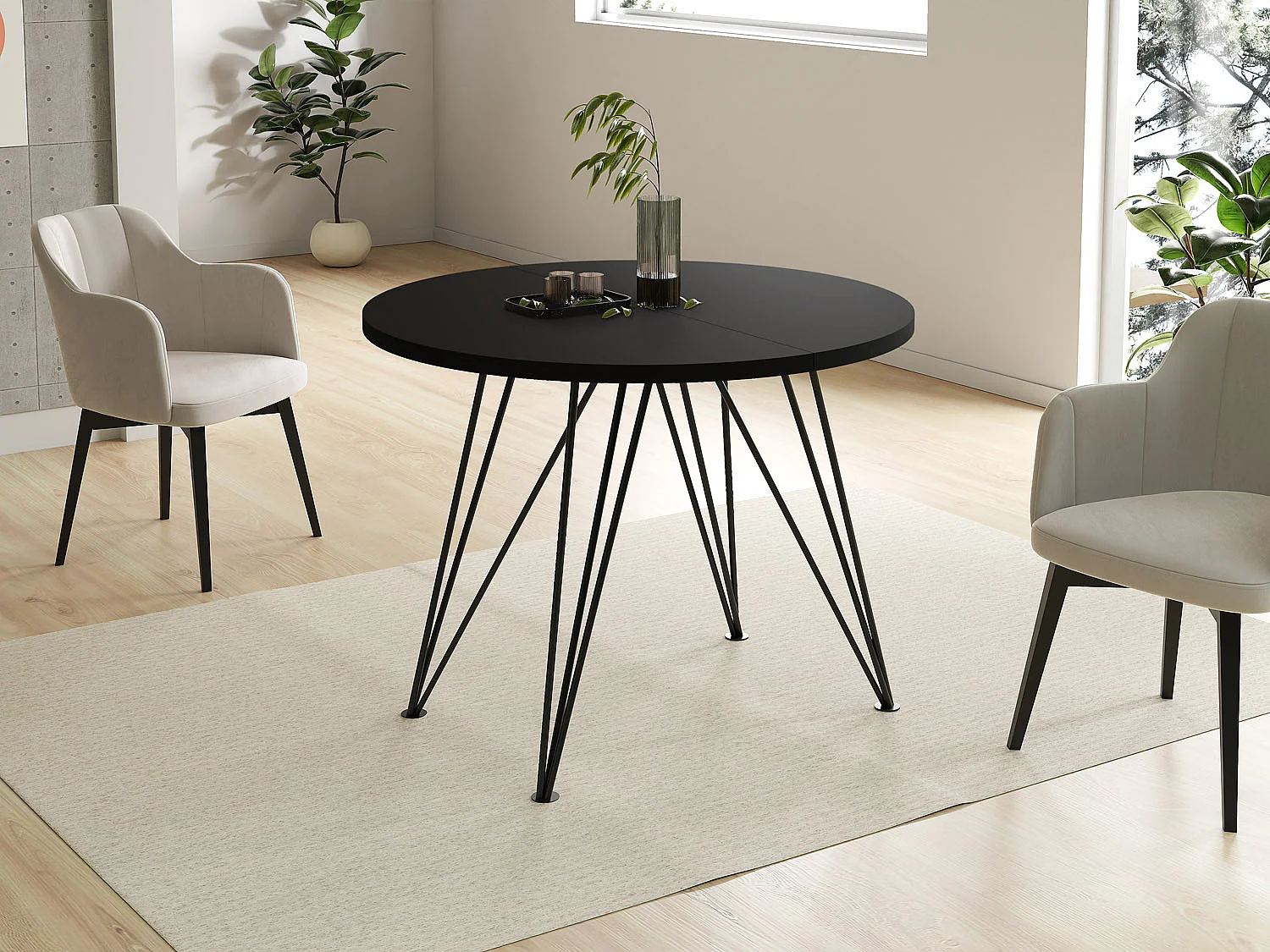 Table à Manger Extensible Ronde - Table Style Loft Avec Pieds En Métal Noir - 100 à 180 Cm - Table Ronde Style Industriel Pour Le Salon - Compacte - Noir - 100 Cm