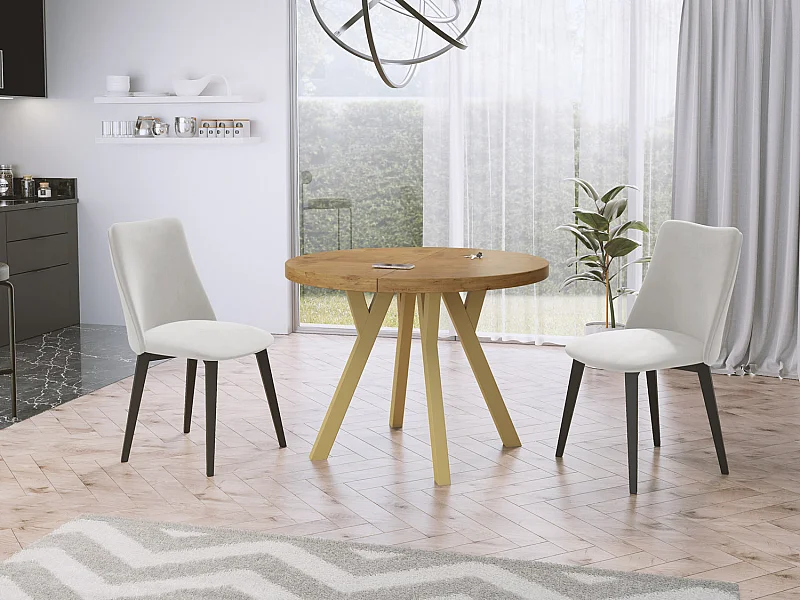 Designer Runder Ausziehbarer Esstisch - Loft-Stil, Platzsparend - Goldene Beine - 100 bis 150 cm - für 6-8 Personen - Hergestellt in EU - Lancelot Eiche - 150 cm