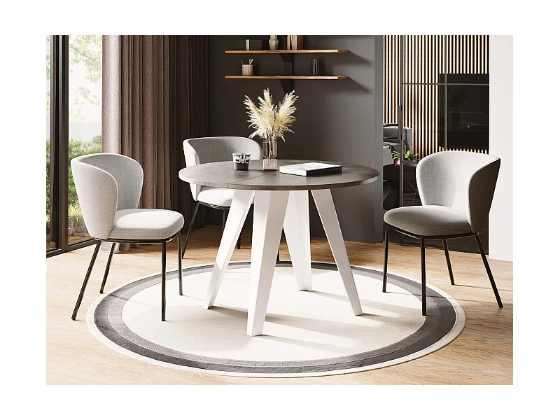 Table de salle à manger Ronde de style industriel - Moderne - Extensible de 90 cm à 130 cm - Pieds métalliques blancs - Compacte - Gris Béton Foncé